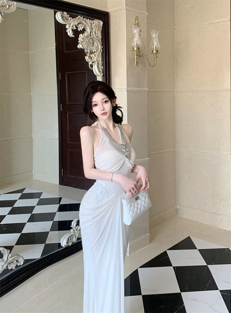 Exquisite Rhinestone Neckline Lace Details Maxi Dress Luxurious Ivory Mermaid Hem Draped Wasit Halter Long Dress AP2060