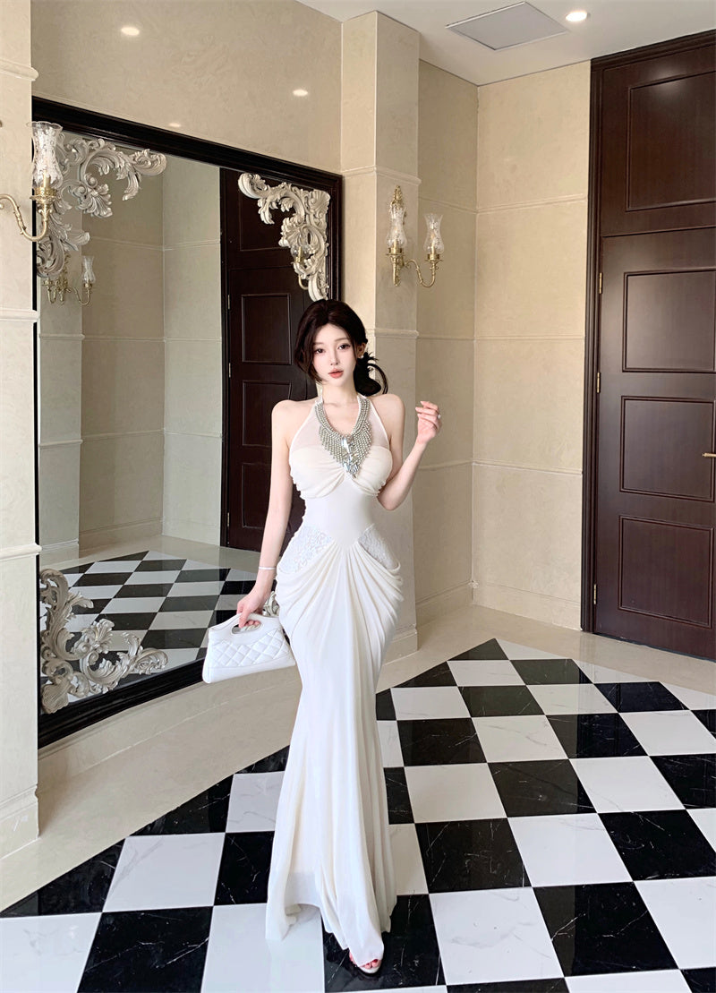 Exquisite Rhinestone Neckline Lace Details Maxi Dress Luxurious Ivory Mermaid Hem Draped Wasit Halter Long Dress AP2060