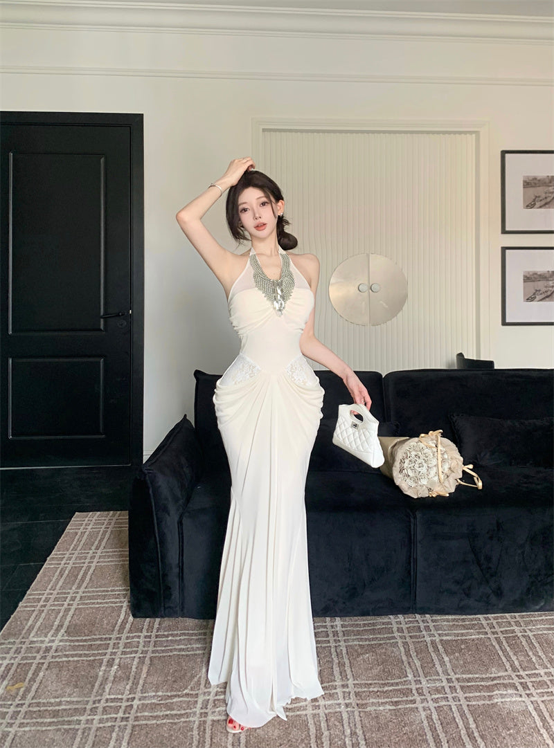 Exquisite Rhinestone Neckline Lace Details Maxi Dress Luxurious Ivory Mermaid Hem Draped Wasit Halter Long Dress AP2060