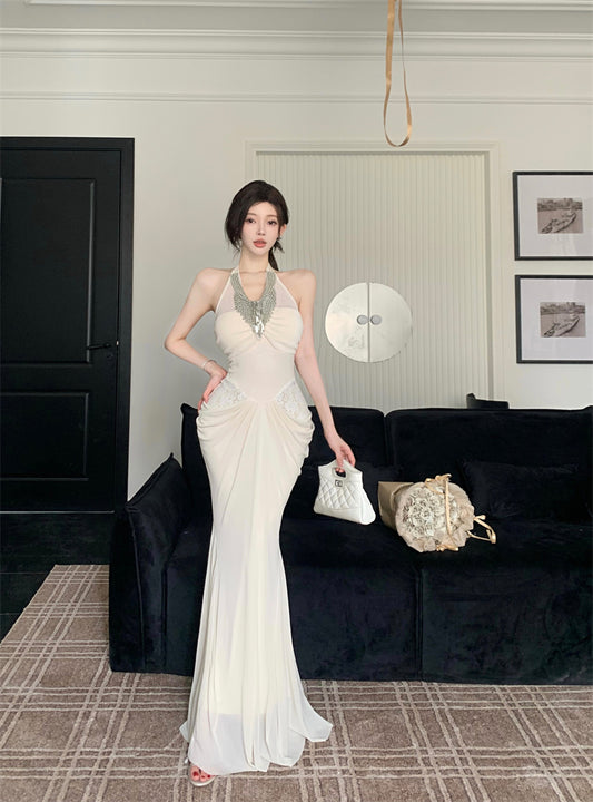 Exquisite Rhinestone Neckline Lace Details Maxi Dress Luxurious Ivory Mermaid Hem Draped Wasit Halter Long Dress AP2060