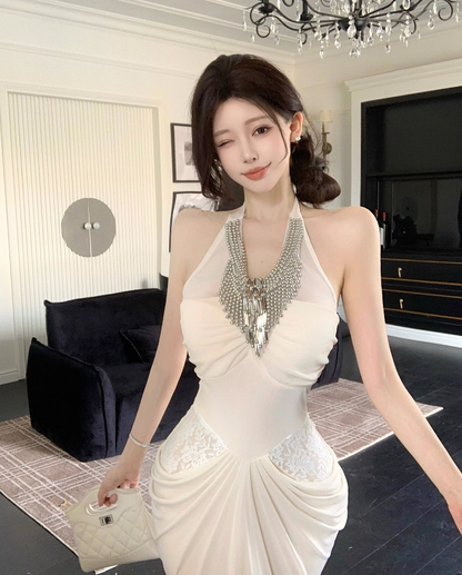 Exquisite Rhinestone Neckline Lace Details Maxi Dress Luxurious Ivory Mermaid Hem Draped Wasit Halter Long Dress AP2060