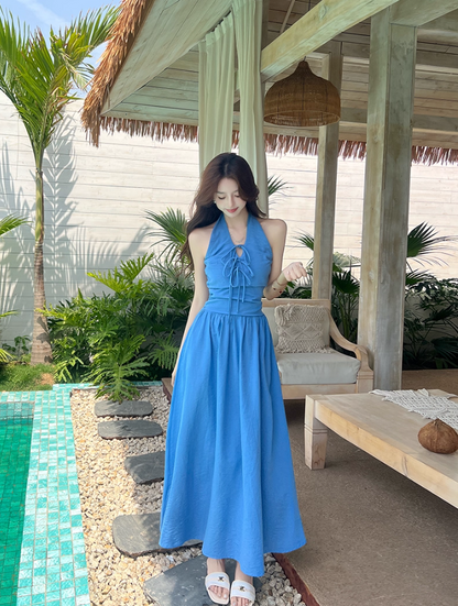 Vibrant Lace-Up Front Tie-Back Maxi Dress Romantic Blue Flowy High-Waist Halter Long Dress AP2061