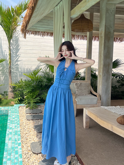 Vibrant Lace-Up Front Tie-Back Maxi Dress Romantic Blue Flowy High-Waist Halter Long Dress AP2061