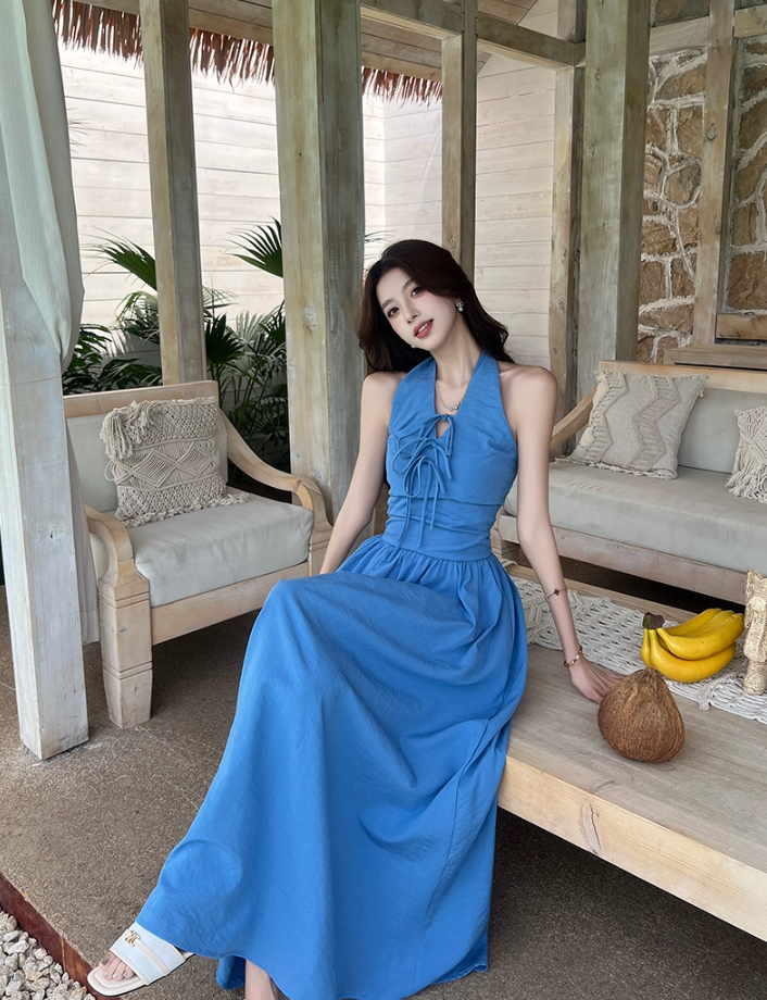 Vibrant Lace-Up Front Tie-Back Maxi Dress Romantic Blue Flowy High-Waist Halter Long Dress AP2061