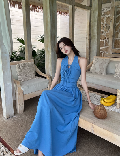 Vibrant Lace-Up Front Tie-Back Maxi Dress Romantic Blue Flowy High-Waist Halter Long Dress AP2061