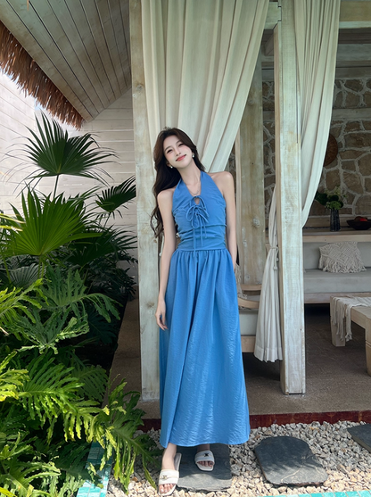 Vibrant Lace-Up Front Tie-Back Maxi Dress Romantic Blue Flowy High-Waist Halter Long Dress AP2061