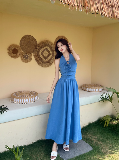 Vibrant Lace-Up Front Tie-Back Maxi Dress Romantic Blue Flowy High-Waist Halter Long Dress AP2061