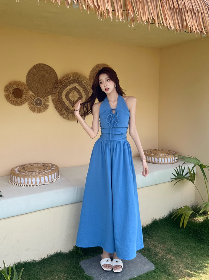 Vibrant Lace-Up Front Tie-Back Maxi Dress Romantic Blue Flowy High-Waist Halter Long Dress AP2061