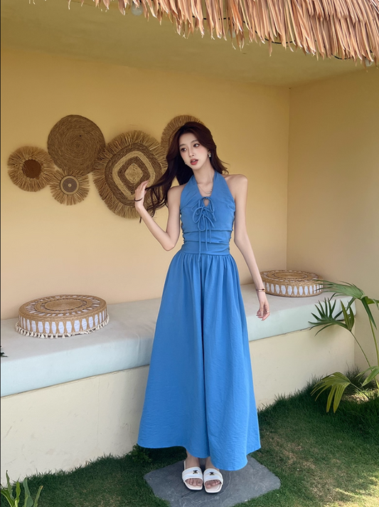 Vibrant Lace-Up Front Tie-Back Maxi Dress Romantic Blue Flowy High-Waist Halter Long Dress AP2061