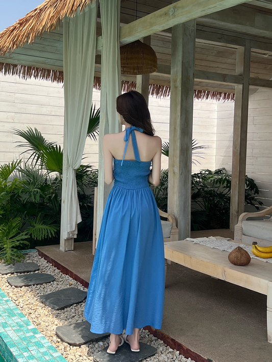 Vibrant Lace-Up Front Tie-Back Maxi Dress Romantic Blue Flowy High-Waist Halter Long Dress AP2061