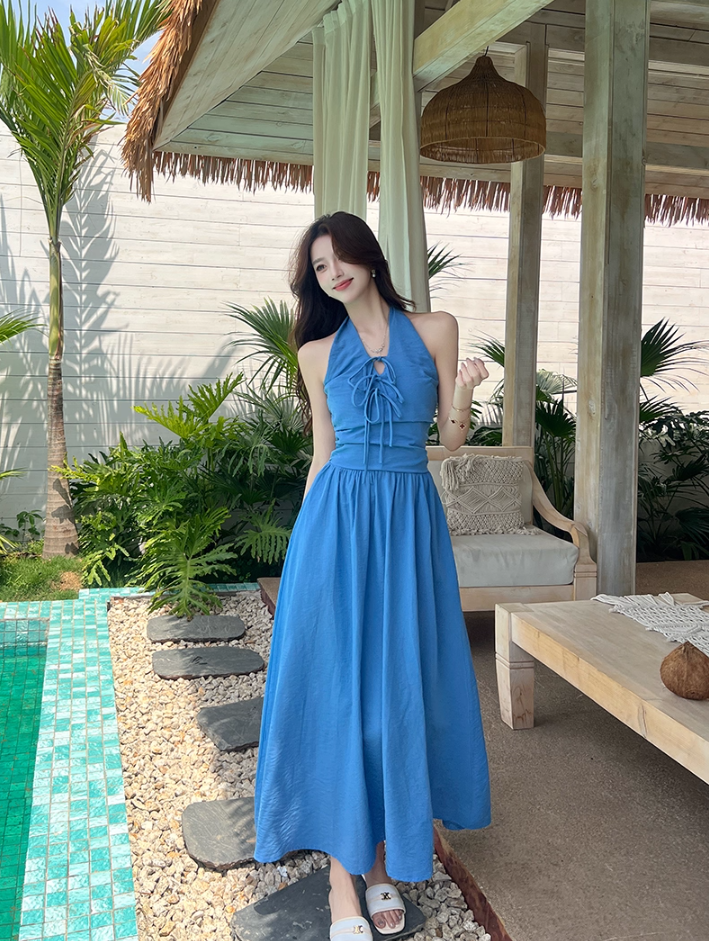 Vibrant Lace-Up Front Tie-Back Maxi Dress Romantic Blue Flowy High-Waist Halter Long Dress AP2061