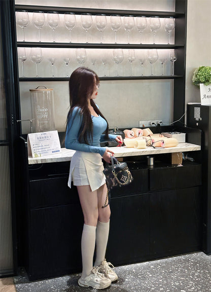 Stylish Blue Top White High-Waisted Mini Skirt Casual Daily Two-Piece Set Long Sleeve Short Dress AP2062