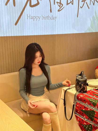 Stylish Blue Top White High-Waisted Mini Skirt Casual Daily Two-Piece Set Long Sleeve Short Dress AP2062