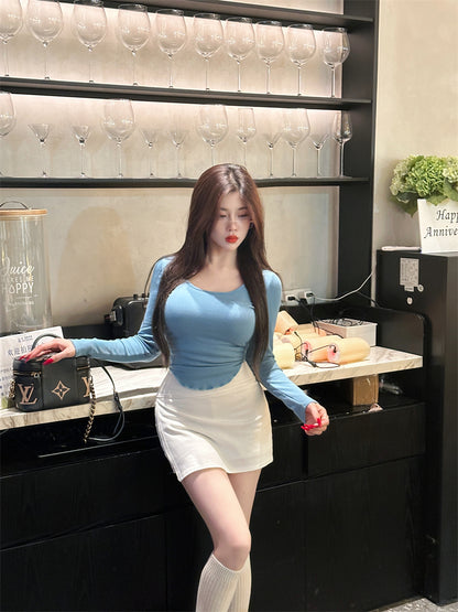 Stylish Blue Top White High-Waisted Mini Skirt Casual Daily Two-Piece Set Long Sleeve Short Dress AP2062
