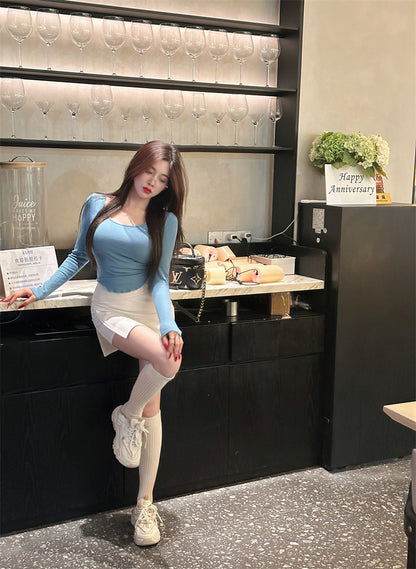 Stylish Blue Top White High-Waisted Mini Skirt Casual Daily Two-Piece Set Long Sleeve Short Dress AP2062