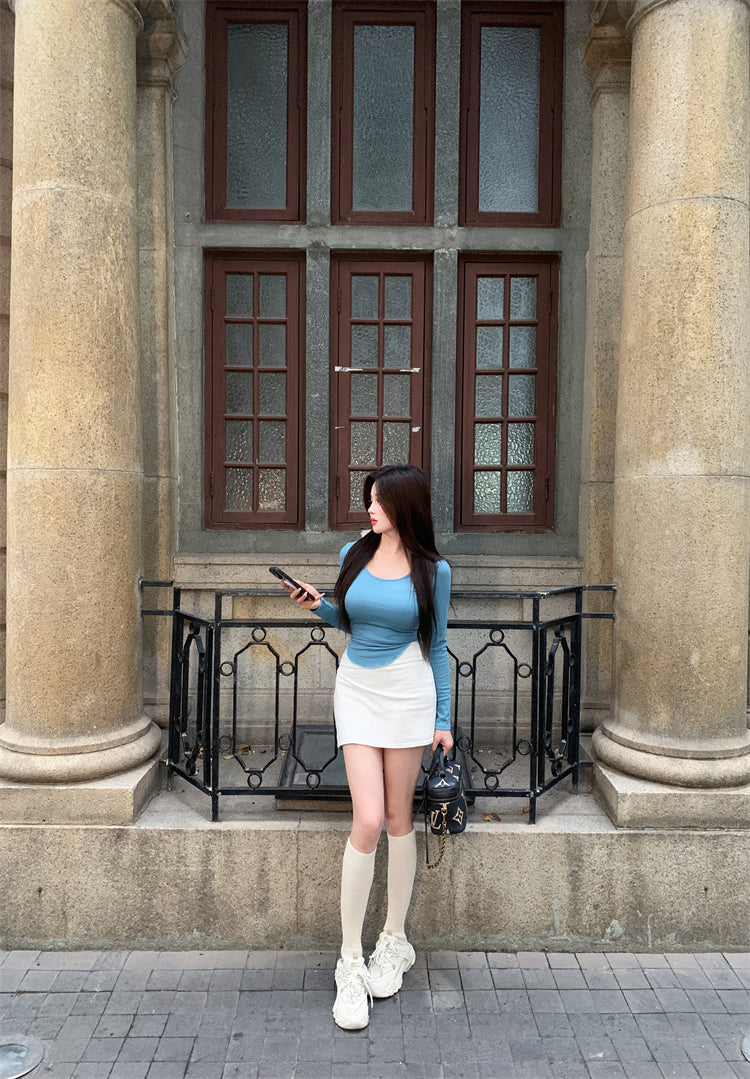 Stylish Blue Top White High-Waisted Mini Skirt Casual Daily Two-Piece Set Long Sleeve Short Dress AP2062