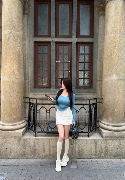 Stylish Blue Top White High-Waisted Mini Skirt Casual Daily Two-Piece Set Long Sleeve Short Dress AP2062