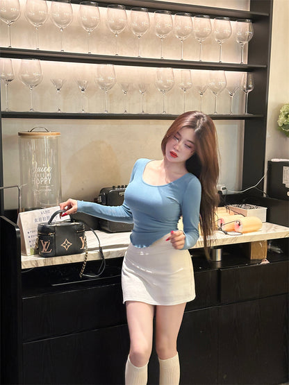 Stylish Blue Top White High-Waisted Mini Skirt Casual Daily Two-Piece Set Long Sleeve Short Dress AP2062