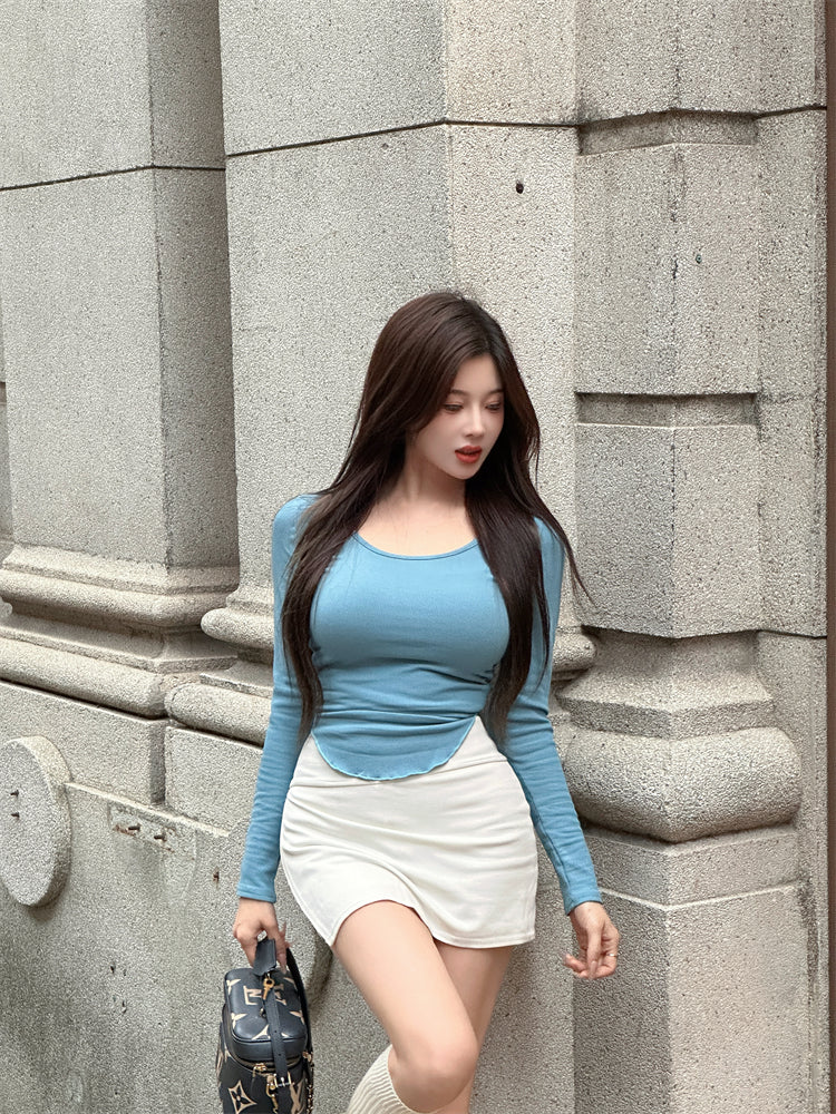 Stylish Blue Top White High-Waisted Mini Skirt Casual Daily Two-Piece Set Long Sleeve Short Dress AP2062