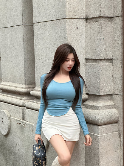 Stylish Blue Top White High-Waisted Mini Skirt Casual Daily Two-Piece Set Long Sleeve Short Dress AP2062