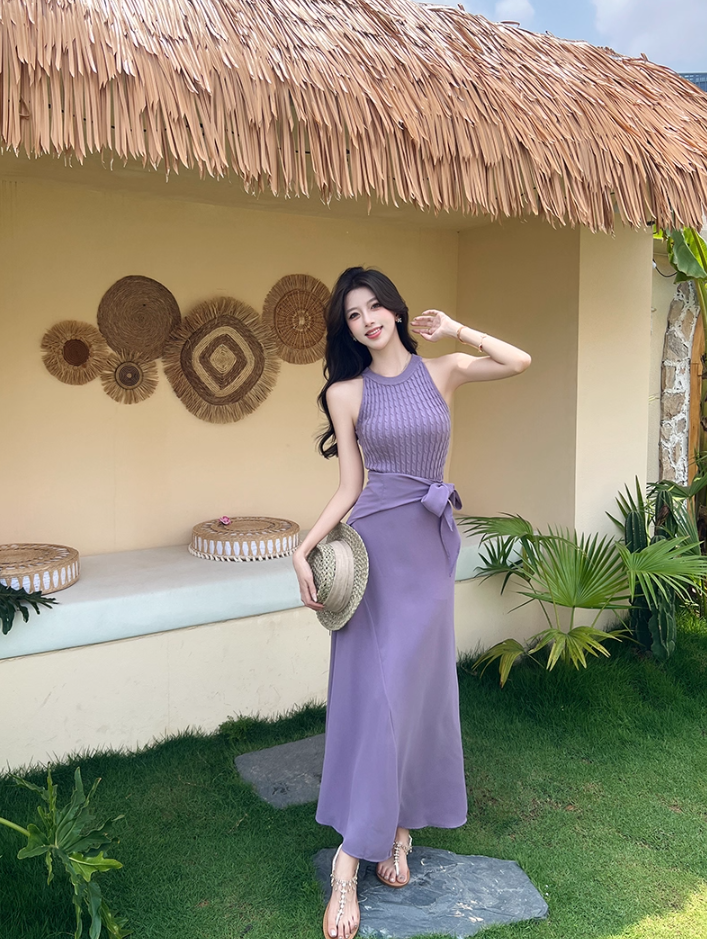 Romantic Lavender Sleeveless Knit Top Flowy Maxi Dress Beach Parties Bow Tie Waist Two-Piece Set Long Dress AP2063