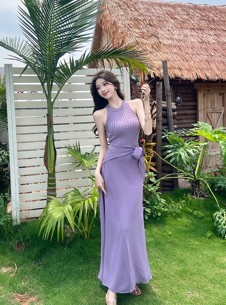 Romantic Lavender Sleeveless Knit Top Flowy Maxi Dress Beach Parties Bow Tie Waist Two-Piece Set Long Dress AP2063