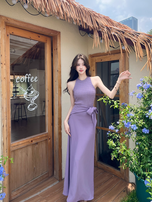 Romantic Lavender Sleeveless Knit Top Flowy Maxi Dress Beach Parties Bow Tie Waist Two-Piece Set Long Dress AP2063