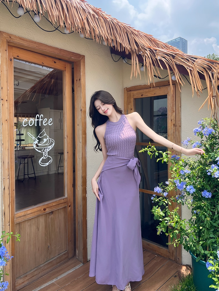 Romantic Lavender Sleeveless Knit Top Flowy Maxi Dress Beach Parties Bow Tie Waist Two-Piece Set Long Dress AP2063
