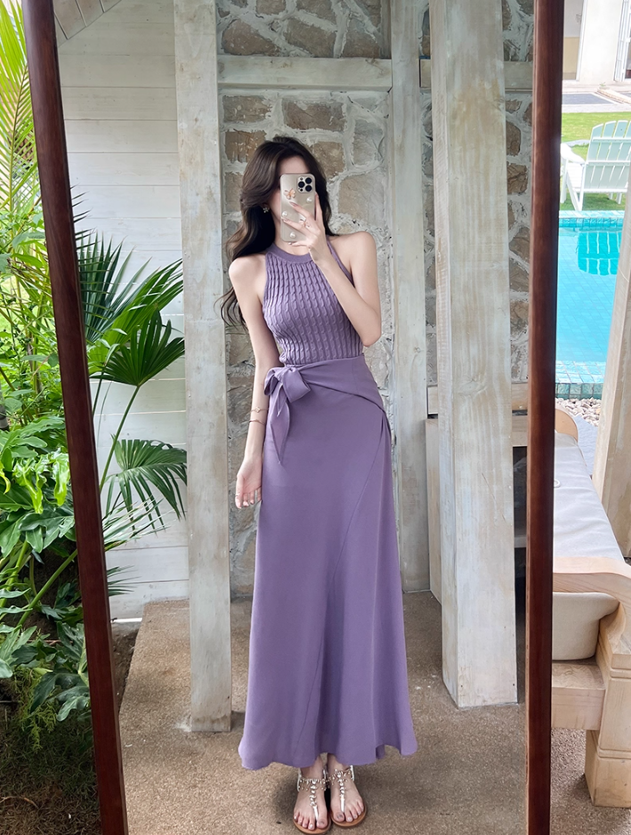 Romantic Lavender Sleeveless Knit Top Flowy Maxi Dress Beach Parties Bow Tie Waist Two-Piece Set Long Dress AP2063