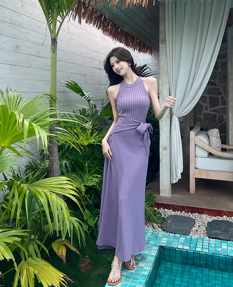 Romantic Lavender Sleeveless Knit Top Flowy Maxi Dress Beach Parties Bow Tie Waist Two-Piece Set Long Dress AP2063