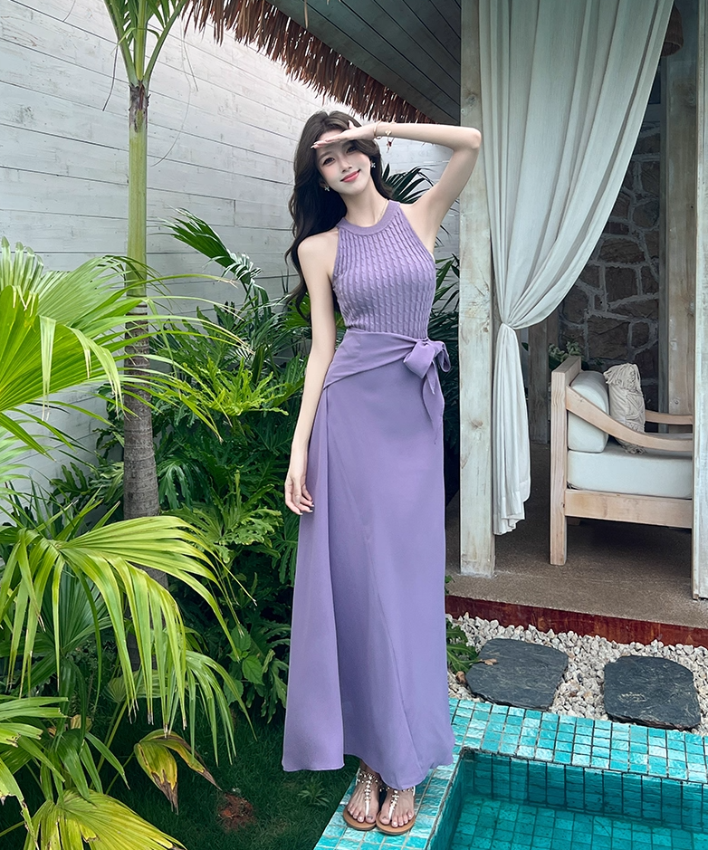 Romantic Lavender Sleeveless Knit Top Flowy Maxi Dress Beach Parties Bow Tie Waist Two-Piece Set Long Dress AP2063