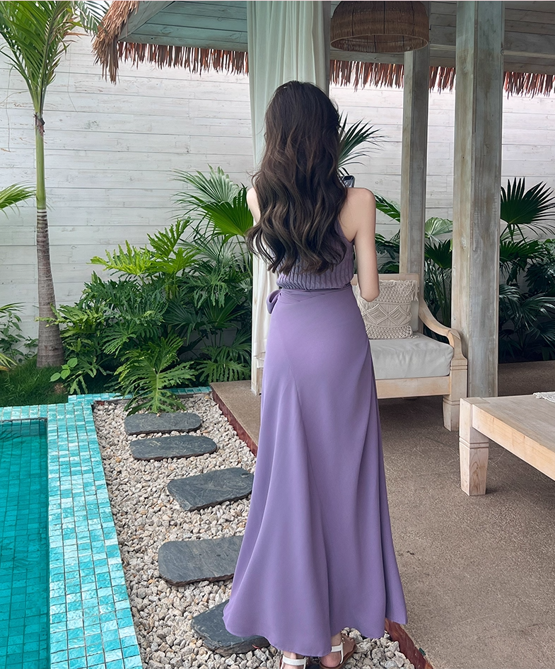 Romantic Lavender Sleeveless Knit Top Flowy Maxi Dress Beach Parties Bow Tie Waist Two-Piece Set Long Dress AP2063