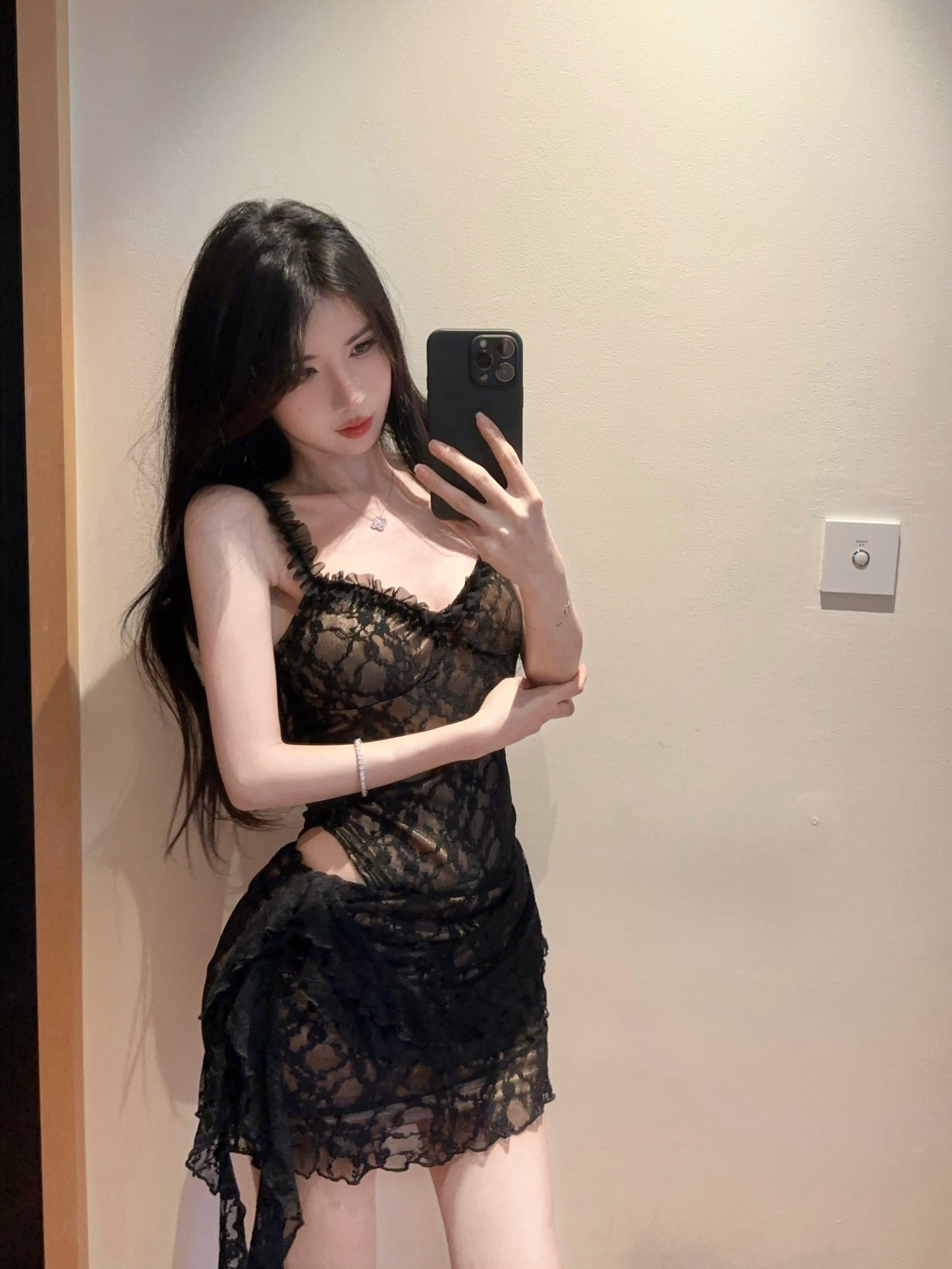 Sexy Black Sheer Lace Bodycon Two-Piece Set Mini Dress Chic Ruffled Straps Side Tie Accent Short Dress AP2064