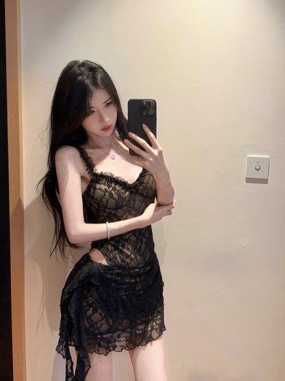 Sexy Black Sheer Lace Bodycon Two-Piece Set Mini Dress Chic Ruffled Straps Side Tie Accent Short Dress AP2064