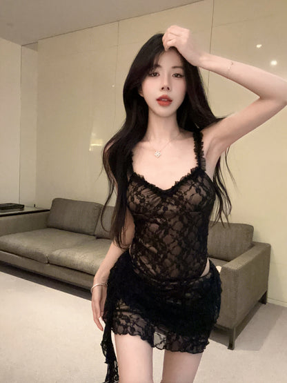 Sexy Black Sheer Lace Bodycon Two-Piece Set Mini Dress Chic Ruffled Straps Side Tie Accent Short Dress AP2064