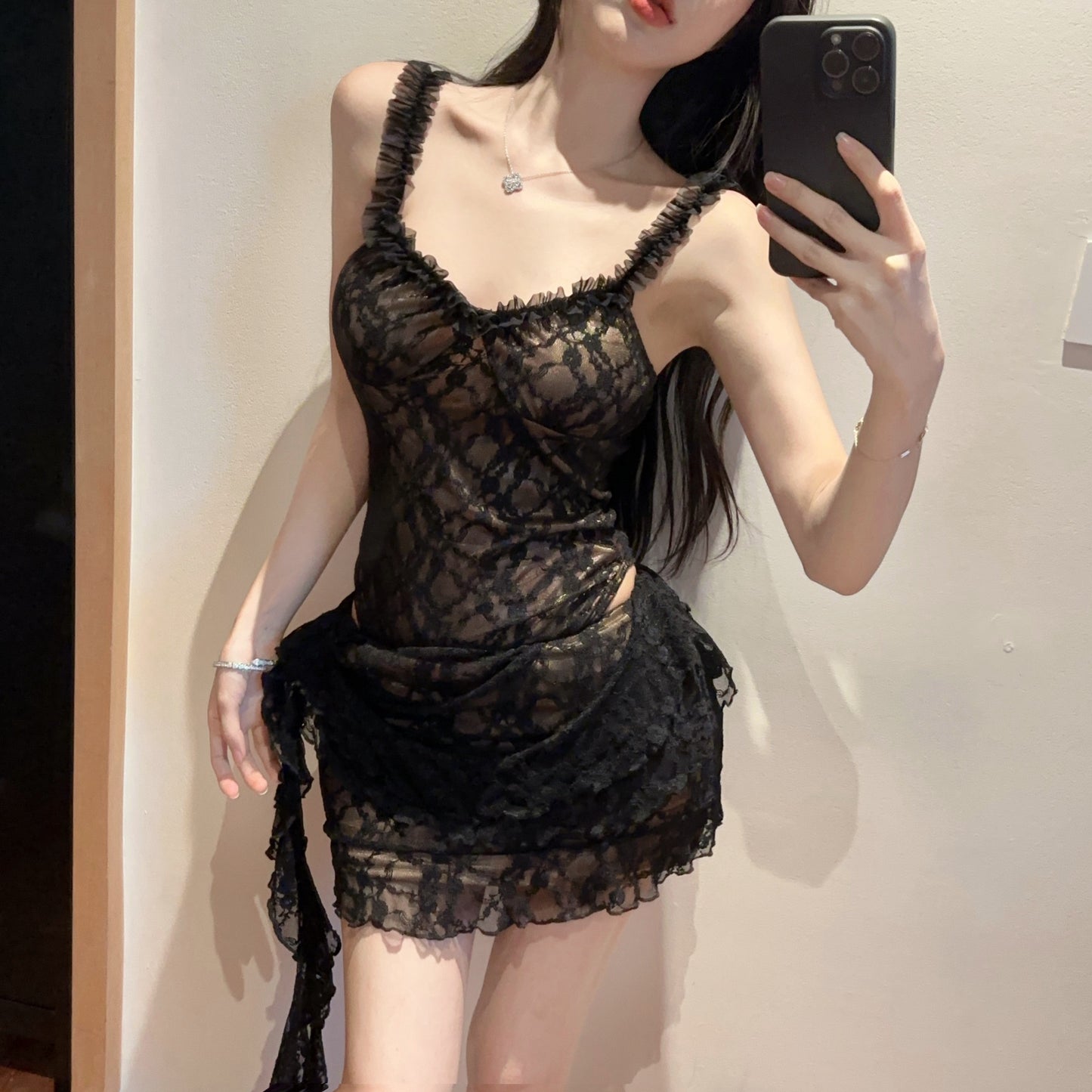 Sexy Black Sheer Lace Bodycon Two-Piece Set Mini Dress Chic Ruffled Straps Side Tie Accent Short Dress AP2064