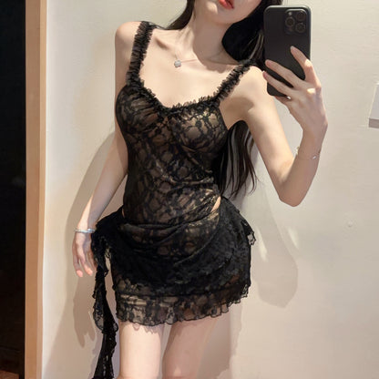 Sexy Black Sheer Lace Bodycon Two-Piece Set Mini Dress Chic Ruffled Straps Side Tie Accent Short Dress AP2064