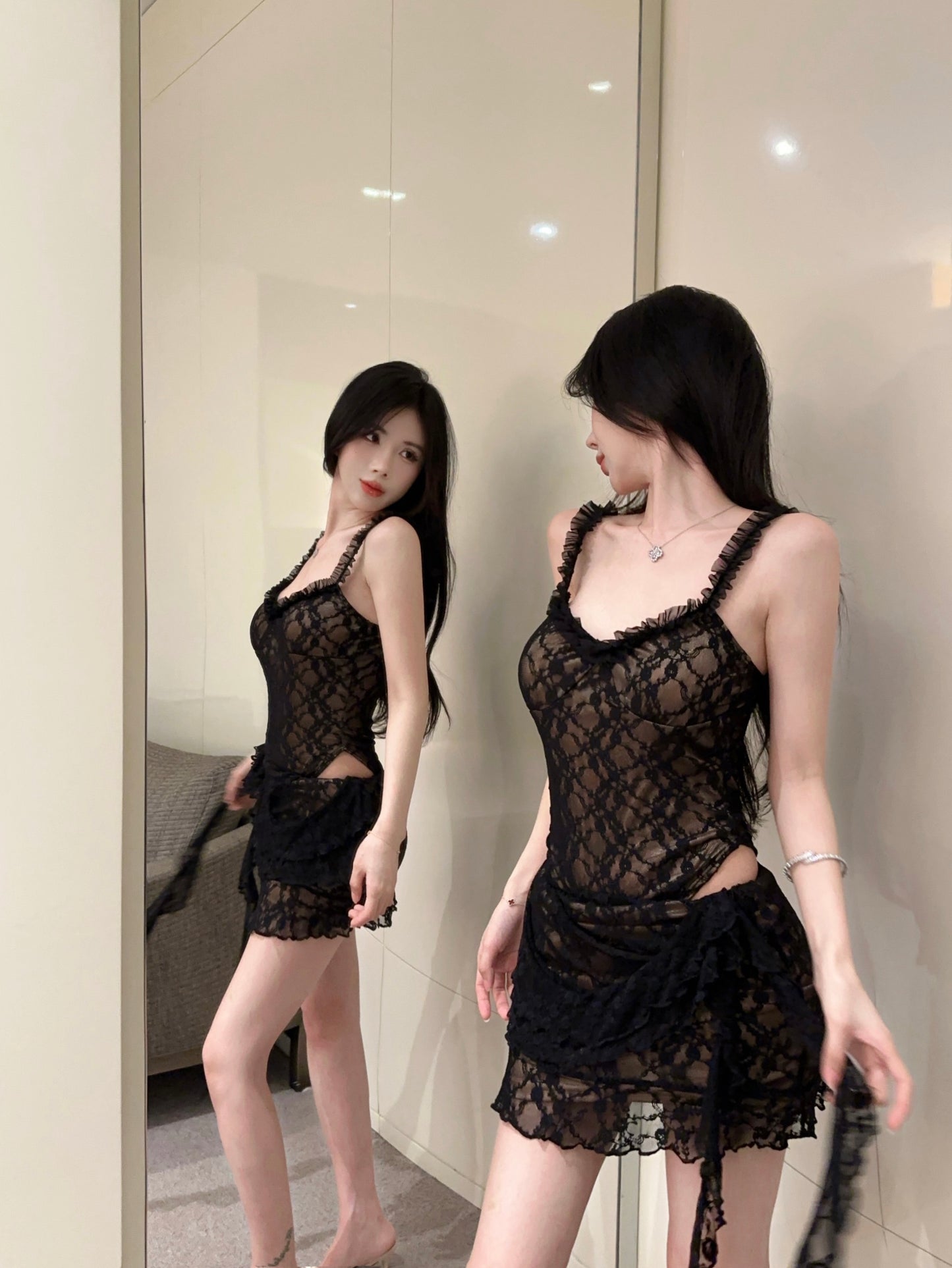 Sexy Black Sheer Lace Bodycon Two-Piece Set Mini Dress Chic Ruffled Straps Side Tie Accent Short Dress AP2064