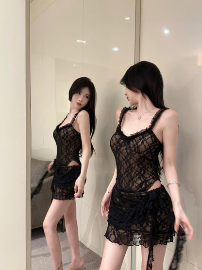 Sexy Black Sheer Lace Bodycon Two-Piece Set Mini Dress Chic Ruffled Straps Side Tie Accent Short Dress AP2064