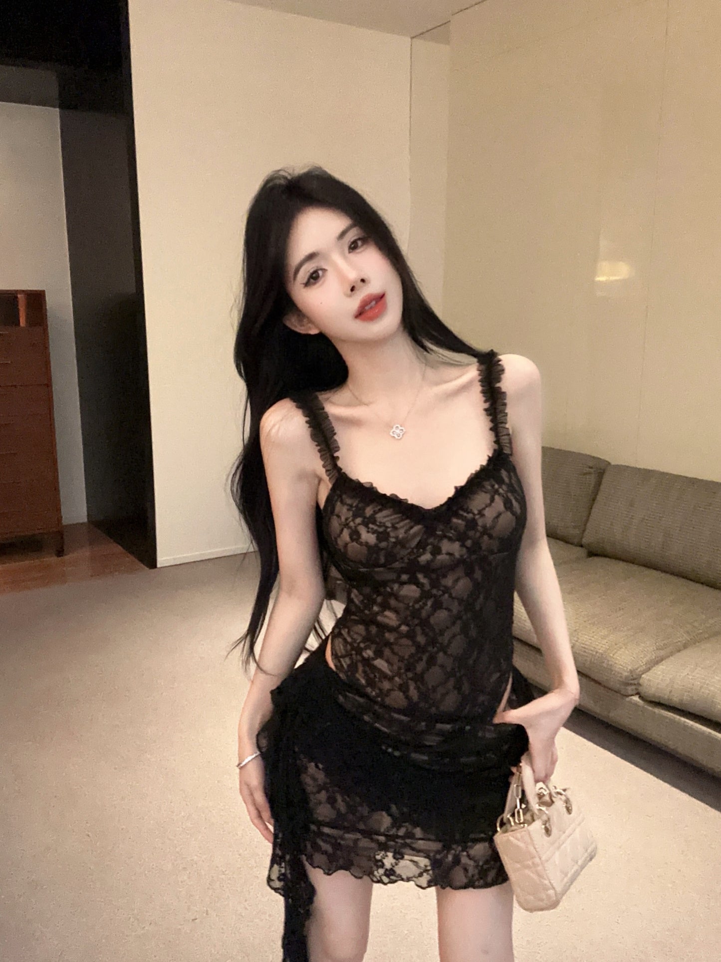 Sexy Black Sheer Lace Bodycon Two-Piece Set Mini Dress Chic Ruffled Straps Side Tie Accent Short Dress AP2064