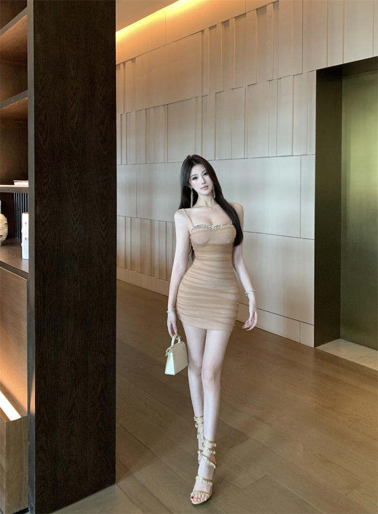 Classical Rhinestone Embellishment Mini Dress Charming Bodycon Nude Sheer Mesh Short Dress AP2065