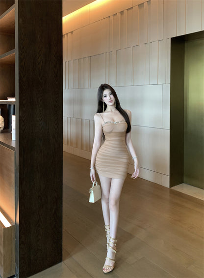 Classical Rhinestone Embellishment Mini Dress Charming Bodycon Nude Sheer Mesh Short Dress AP2065