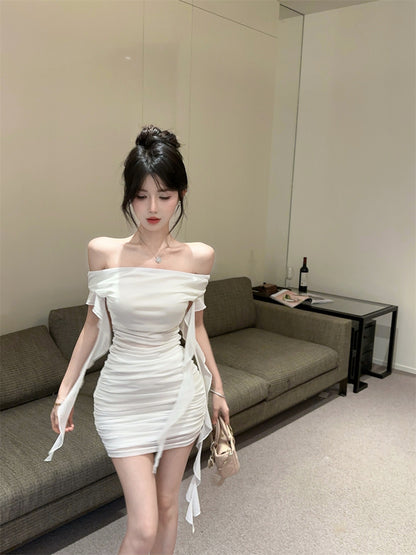 Alluring White Off-Shoulder Sheer Tulle Overlay Mini Skirt Vogue Ruffled Streamer Accents Ruched Short Dress AP2066