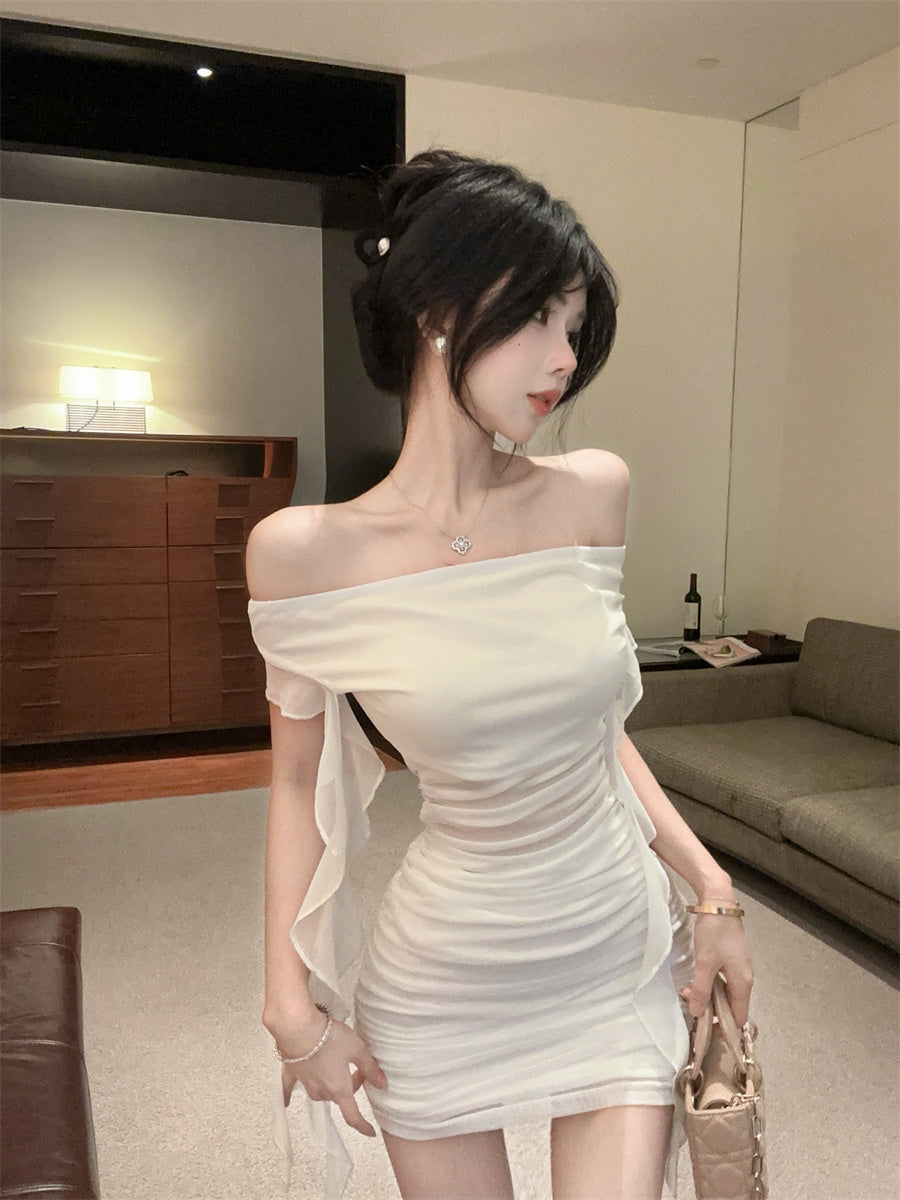 Alluring White Off-Shoulder Sheer Tulle Overlay Mini Skirt Vogue Ruffled Streamer Accents Ruched Short Dress AP2066