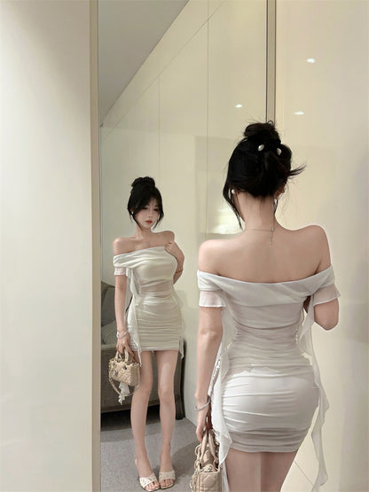 Alluring White Off-Shoulder Sheer Tulle Overlay Mini Skirt Vogue Ruffled Streamer Accents Ruched Short Dress AP2066