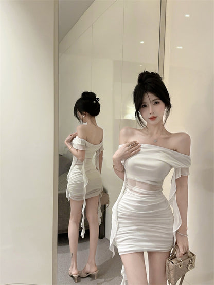 Alluring White Off-Shoulder Sheer Tulle Overlay Mini Skirt Vogue Ruffled Streamer Accents Ruched Short Dress AP2066