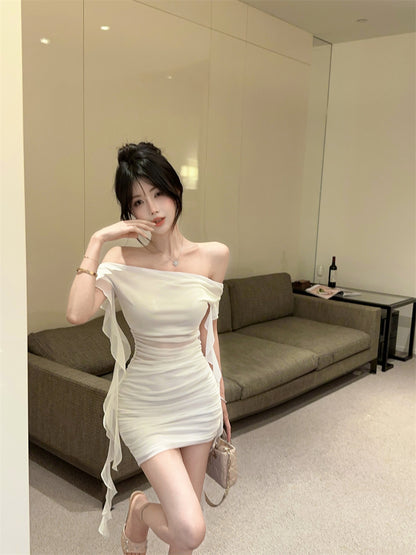 Alluring White Off-Shoulder Sheer Tulle Overlay Mini Skirt Vogue Ruffled Streamer Accents Ruched Short Dress AP2066