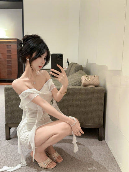 Alluring White Off-Shoulder Sheer Tulle Overlay Mini Skirt Vogue Ruffled Streamer Accents Ruched Short Dress AP2066