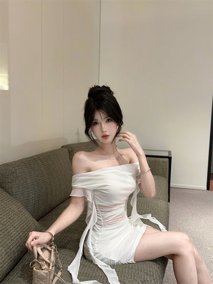 Alluring White Off-Shoulder Sheer Tulle Overlay Mini Skirt Vogue Ruffled Streamer Accents Ruched Short Dress AP2066