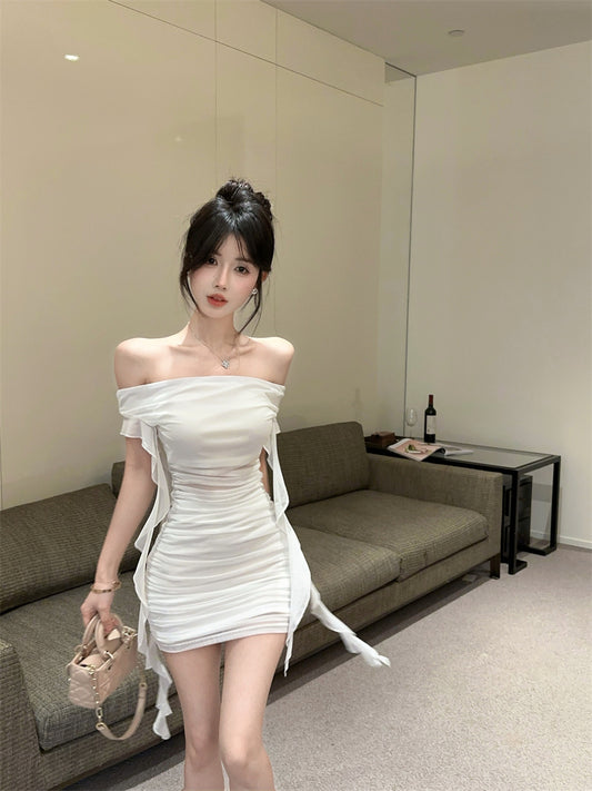 Alluring White Off-Shoulder Sheer Tulle Overlay Mini Skirt Vogue Ruffled Streamer Accents Ruched Short Dress AP2066